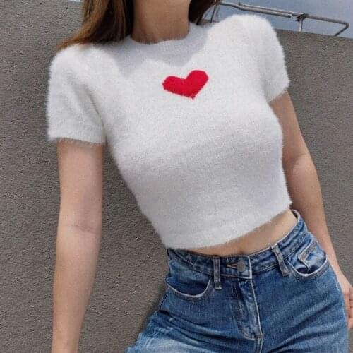 Womengaga Sexy Wind Leaking Umbilical Wool Knitted Short-sleeved Tops 2021 Women New Love Heart Printed Blouse For Female Vbh9