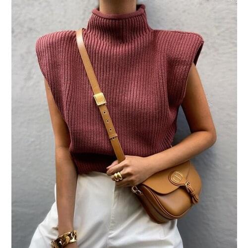 Evfer Spirnt Autumn Fashion Lady Shoulder Pad Za Knitted Pullover Tops Women Casual Sleeveless Turtleneck Red Sweaters Chic