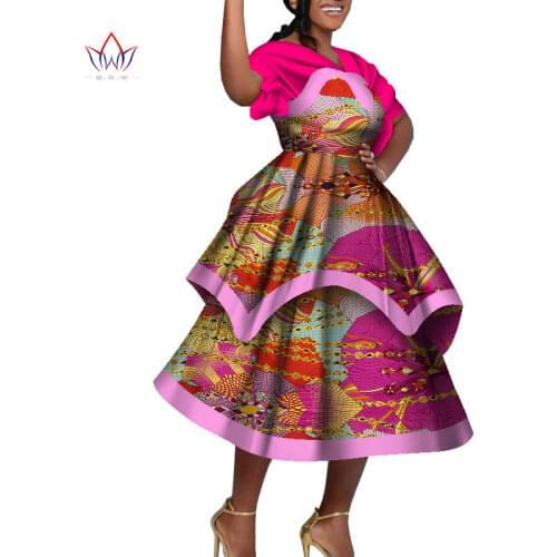 BintaRealWax Customized Women African Clothing Dashiki Women Dress Pitchwork Ankara Draw Back Short Sleeve Dress WY8825