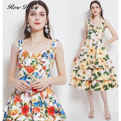 2021 Summer Boho Floral Dress Womens Spaghetti Strap Backless Camellia Flower Printed Cascading Ruffles Beach Midi Dresses