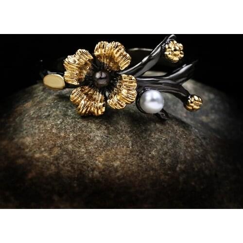 CHARLINLIOL 925 Silver Exquisite Daisy Flower Rings for Women Retro Black Gold Baroque Pearl Branches Vintage Ring Jewelry Gift