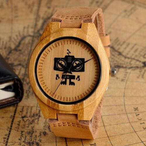 Hot Luxury Nature Wood Watches Women Men Bamboo Robot Dial Quartz Wristwatch Leather Band Best Gift