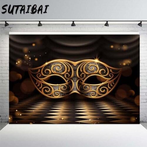 Photography Background Masquerade Theme Party Birthday Banner Decor Dress Up Gold Mask Glitter Backdrop for Photo Studio Props