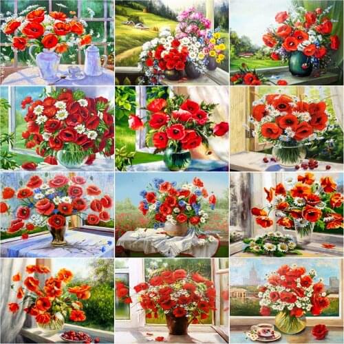 HUACAN Painting By Numbers Flower In Vase Kits For Adults Handpainted DIY Coloring By Number Poppy Window Home Decoration