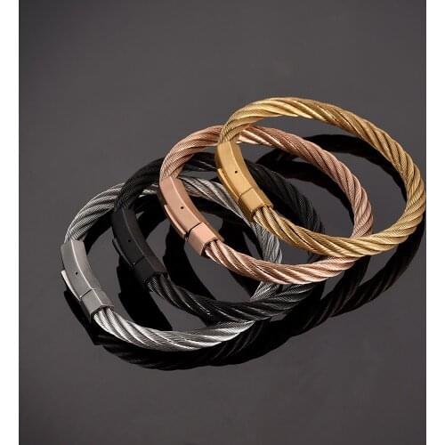 IJB0529 Punk Men Fashion Jewelry Stainless Steel Magnetic Clasp Charm Bangles Cable Wire Twisted Cuff Bangle Bracelets
