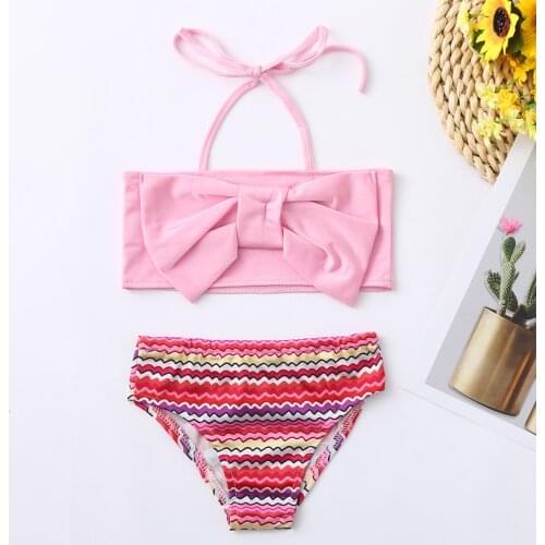 Kids Swimwear + swim trunks 2Pcs Set Baby Girls Summer Bow Striped Print Vest Swimwear Swimsuit Bikini Outfits