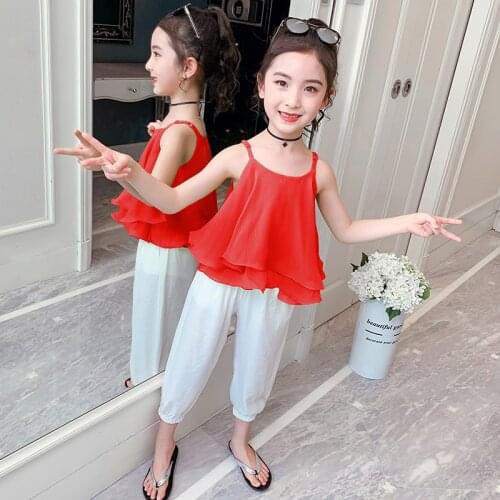 Summer Girls Clothing Set New Children Sling Tops+ Pants 2Pcs Kids Outfits Fashion Baby Girl Clothes 5 6 7 8 10 12 Years