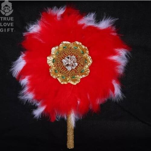 Red Series Wedding Custom Hand Fan with Pearl Lace Feather Dance Hand Fan Handmade Hand Held Photo Props Wedding Favors Festive