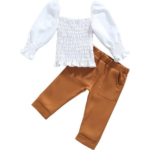 1-6Y Kids Girls Autumn Outfits 2021 Fashion Children Puff Long Sleeve Square Neck Ruched Tops + Pants Sets Kids Clothes
