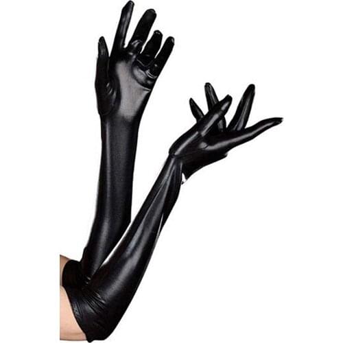 Womens Sexy Elastic Shiny Wet Look Satin Long Gloves Latex Glove Punk Gloves Adult Costumes Accessory Black