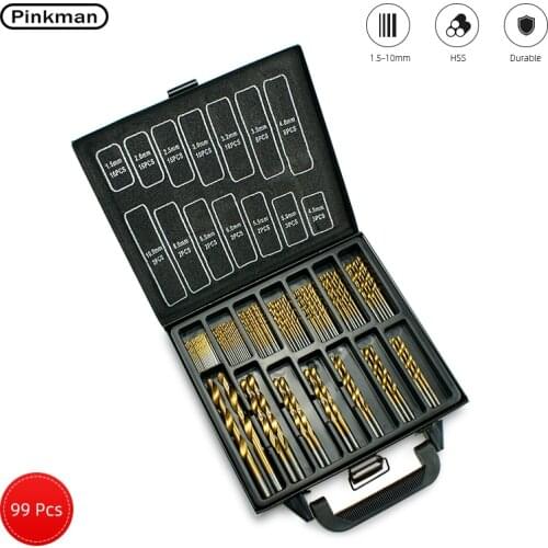 Pinkman Iron Box packing 99pcs/lot HSS Twist Drill Bits Set 1.5-10mm Titanium Coated Surface 118 Degree For Drilling woodworking
