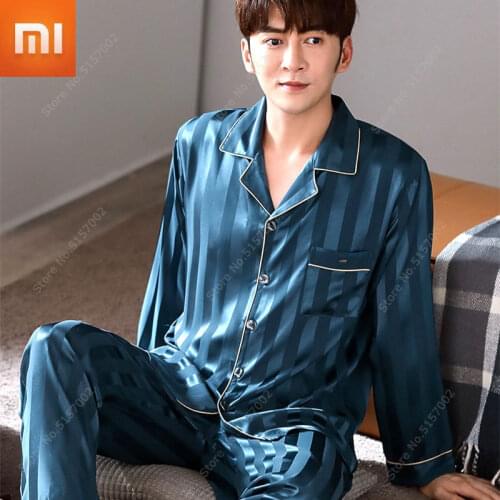 Xiaomi Mens Pajamas Spring Autumn Long-sleeved Ice Silk Young Middle-aged Summer Thin Silk Home Service Suit Soft Sleepwear