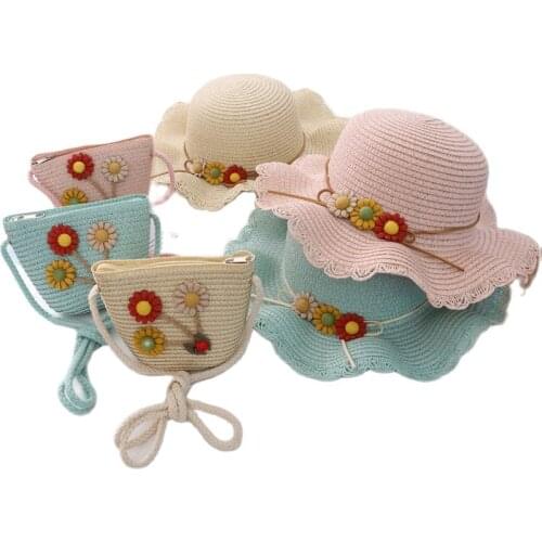New Summer baby girl sun flower straw hat and shoulder bag Floral bags Child princess cute sun hat Two piece set panama gorros