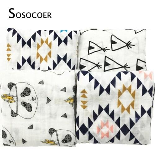 SOSOCOER Cartoon Baby Blankets Cute Animal Newborn Bath Towel Kawaii Geometric Pattern Muslin Infant Swaddle Blanket Bedding