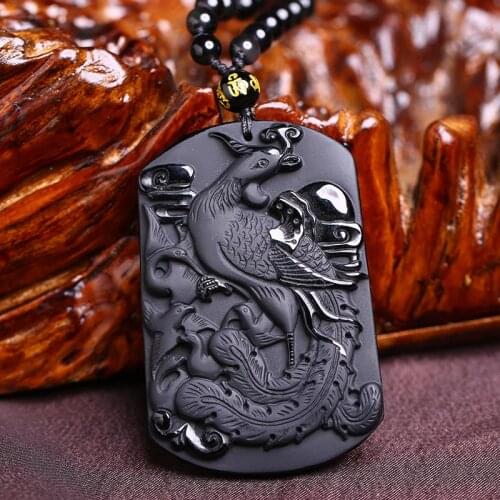 Great 42x63mm Chinese Handwork Black yu Obsidian Carved phoenix Amulet Lucky pendant necklace