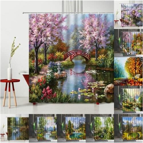 Oil Painting Scenery Shower Curtains Flowers Plant Swan Spring Landscape Bath Curtain Waterproof Bathroom Decor Polyester Cloth