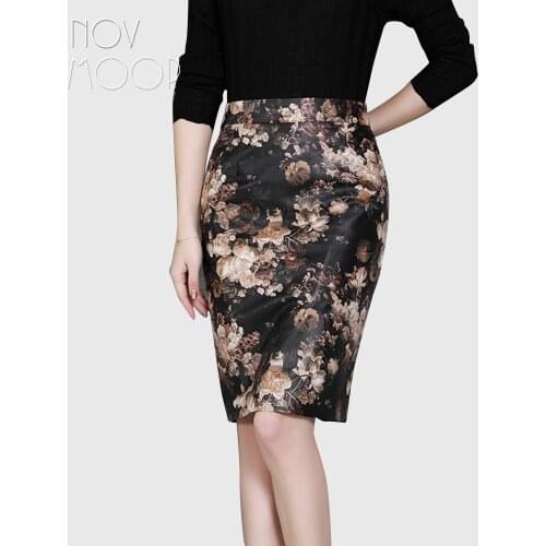 Office style ladies coffee floral print black genuine leather real lambskin pencil skirt faldas mujer etek jupe plus size LT2599