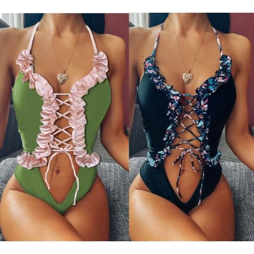 Womens One-Piece Suits Lace up bandage Bikini Padded Floral Patchwork Bandage Swimwear Swimsuit Bathing Suit Ruffles Halter