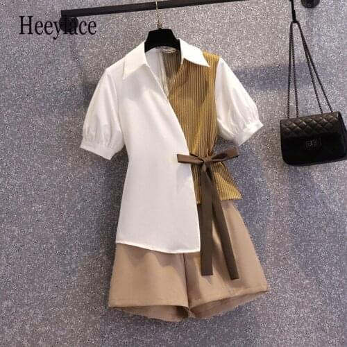 Women Summer elegant two piece set for women striped patchwork irregular short sleeve shirt and shorts set office ladies suits