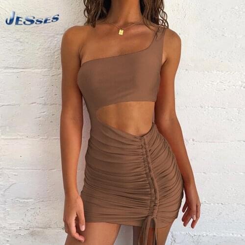 Women Bandage Sexy Hip Skirt Elastic Dresses Hollow Sexy Night Club Party Vestidos Buttock Lady Solid Color Pleated Dress