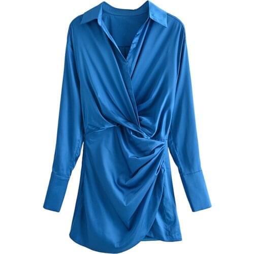 2021 high quality New Shirt dress Temperament Fashion Deep V-neck Party Mini Dress Women Irregular Ruched Silk Satin Slim Dress