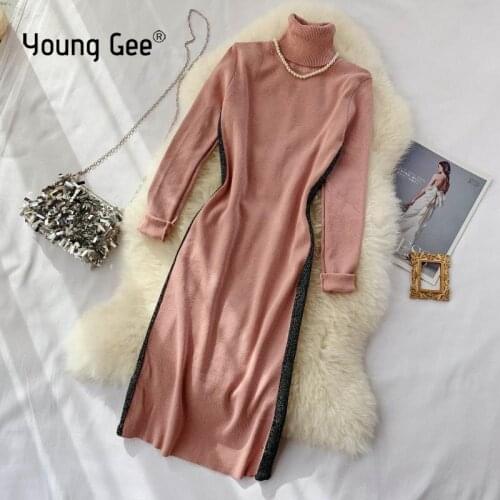 Young Gee Autumn Winter Knitted Sweater Turtleneck Vintage Womens Dress Thick Knit Casual Slim Twinkle Side Wraped Hips Dresses