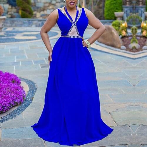 Evening Party Dress Blue Plain Floor Length Sleeveless Halter Diamonds 2020 Summer Elegant Wedding Vestidos Dresses Wholesale