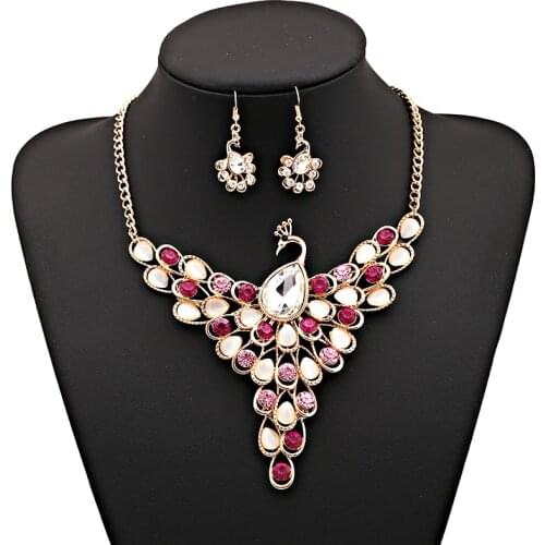 LZHLQ Vintage Rhinestones Peacock Choker Statement Necklace Set Women 3 Colors Zinc Alloy Necklaces Pendants Trendy Collares