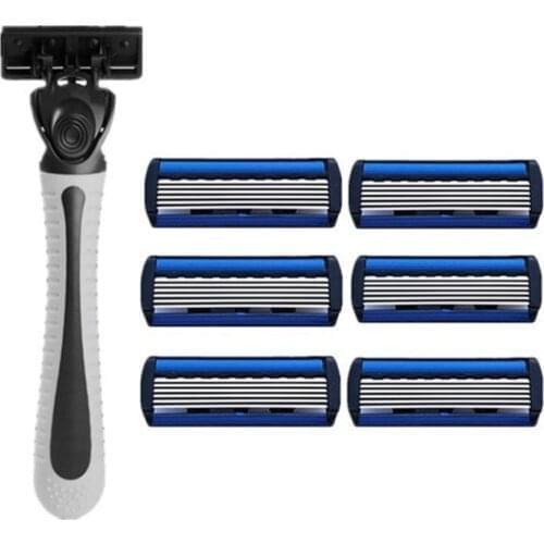 1pcs Beard Shaver Rack +6pcs 6-Layer Blades Manual Beard Shaver Manual Hand Safety Razor 6PCS 6-Layer Blade ABS Grip Anti-slip