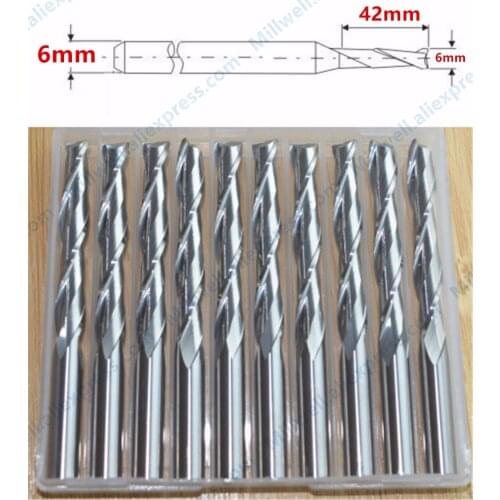 6mm*42mm-10pcs,free shipping cnc solid carbide woodworking router bit,wood milling cutter,2 flutes end mill,MDF,wood tool
