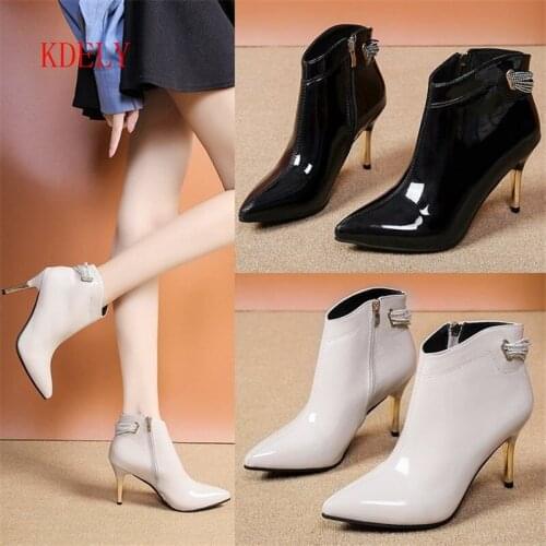 2020HOT Sexy Pointed Toe Patent Leather Ankle Boots for Women Fashion Rhinestone Zipper Thin High Heels Botas Mujer Autumn Shoes