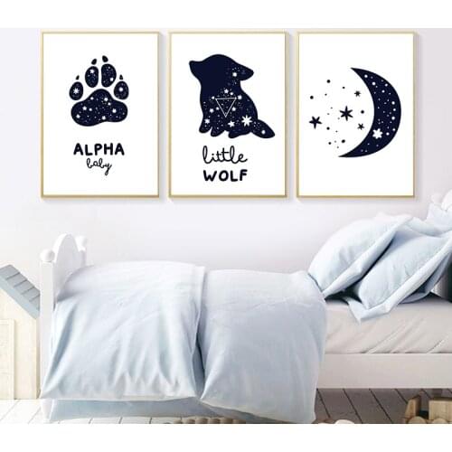 Cartoon Black White Cartoon Wolf Moon Nursery Wall Art Canvas Painting Poster Print Nordic Picture Baby Kids Room Decoration