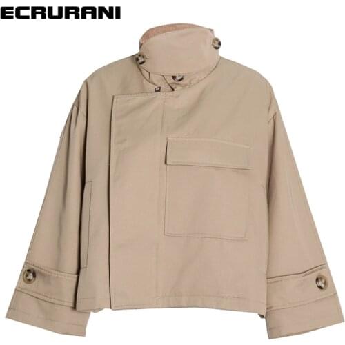 ECRURANI Black Casual Jackets For Women Stand Collar Long Sleeve Patchwork Pockets Loose Coats Females 2021 Fashion New Clothing