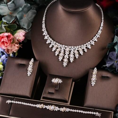 Janekelly 4pcs Bridal Zirconia Full Jewelry Sets For Women Party, Luxury Dubai Nigeria CZ Crystal Wedding Jewelry Sets