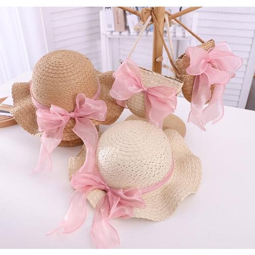 Summer Fashion Kids Straw Hats with Bag Girls Lace Bowknot Sun-Resistant Fisherman Cap+Shoulder Bag for Summer Beachwear