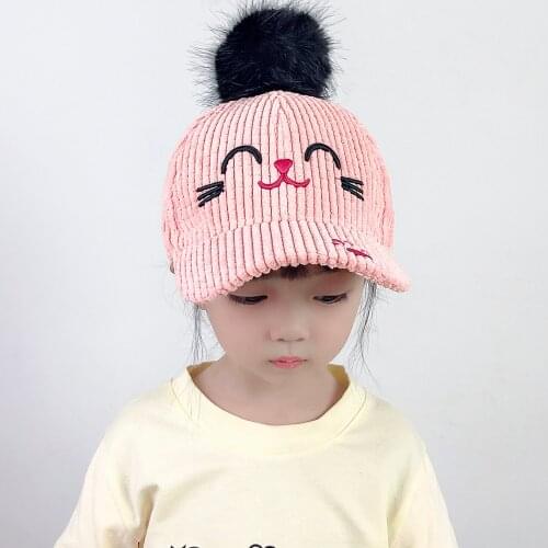 Fashion Child Cartoon Cat Cap Autumn Winter Hip Hop Hat With Big Fur Ball Pompon Baseball Cap Warm Soft Ball Peaked Caps Gorras