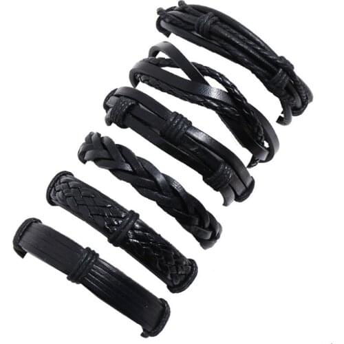 Fashion Casual Black Men Wristband Wide Weave Rope Leather 6pc Bracelets Set Handmade Charm Bangle Wrap Retro Women Jewelry Gift
