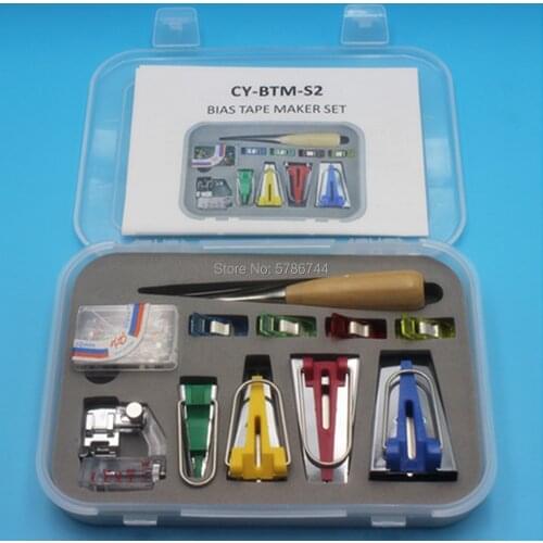 BIAS TAPE MAKER SET CY-BTM-S2 BOX of BINDER BINDING SNAP ON FOOT BIAS TAPE MAKER AWL PIN SET for SEWING QUILT
