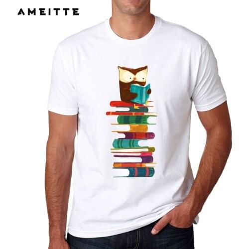 New Arrivals Rainbow Owl Reading T-Shirt Summer Mens White Printing T Shirt Fashion Cool Male Funny Tops Tee Clothes