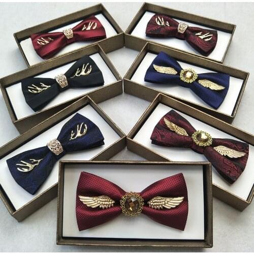 New Design Mens Bow Tie High Quality Luxury Metal Golden Wings Antlers Bowtie Fashion Casual Double Layer Butterfly Tie Gift Box