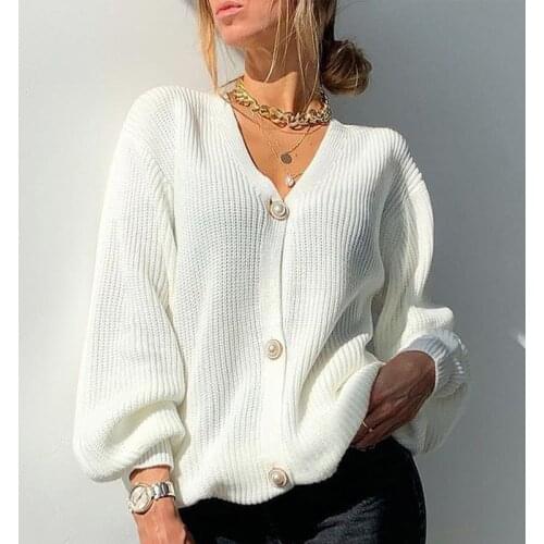 Solid Loose Womens Knitting Cardigan Sweaters Spring Lantern Sleeve Pearl Button Female Cardigans Fashion 2021 Autumn Outwear