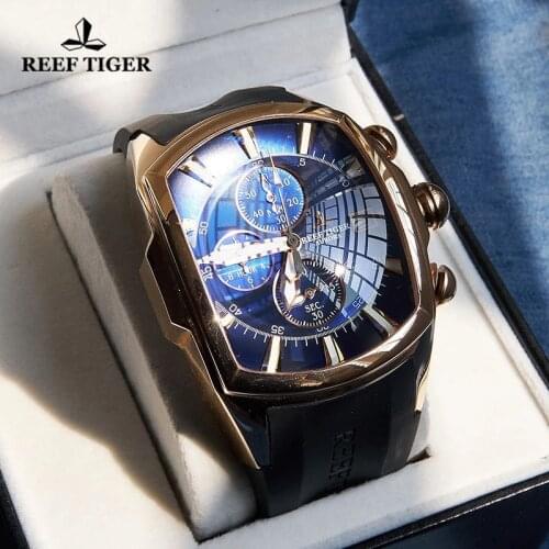 Reef Tiger/RT Top Brand Luxury Sport Watch for Men Professional Stop Watches Waterproof Rose Gold Blue Dial Quartz Watches