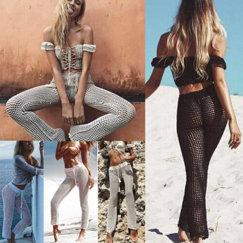 Sexy Women Summer Beach Cover Up Fishnet Pants Bathing Suit Solid Color Knitting Hollow Out Pants Casual Clubwear Beach Pants