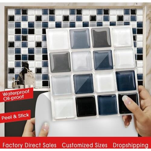 Blue White Gray Black Flat Marble Mosaic Tiles Sticker Kitchen Bathroom Printed in 2D Wall Decals Peel & Stick Tile Wallpaper