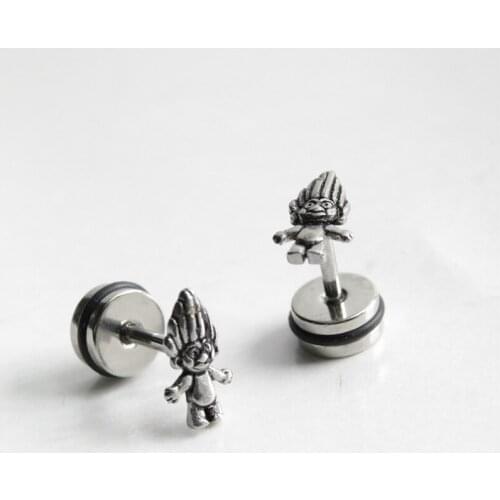 Hip Hop Style Silver Color Lattice Retro Style Cartoon Characters Men Titanium Steel Earring Stainless Steel Earring Birthday