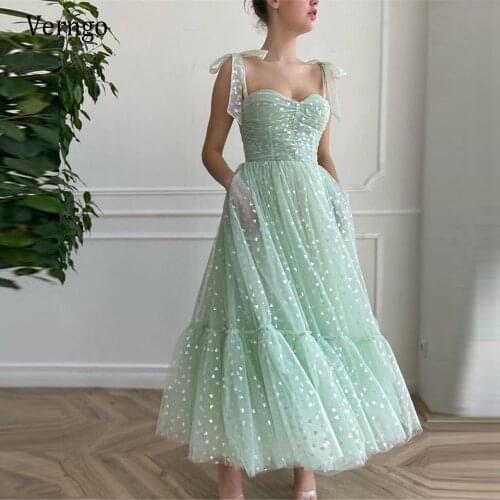 Verngo A Line Mint Green Tulle With Heart 2021 Short Prom Dresses With Bow Tie Shoulder Straps Ankle Length Homecoming Gowns