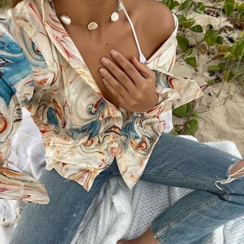 2021 Fashion Vintage Print Women Shirt Long Sleeve Turn-Down Collar Loose Blouse Holiday Beach Spring Autumn Casual Sexy Tops