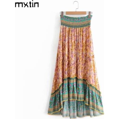MXTIN 2021 Women Summer Fashion Floral Print Ruffles Patchwork Maxi Skirt Vintage Elastic Waist Vacation Beach Skirts Mujer