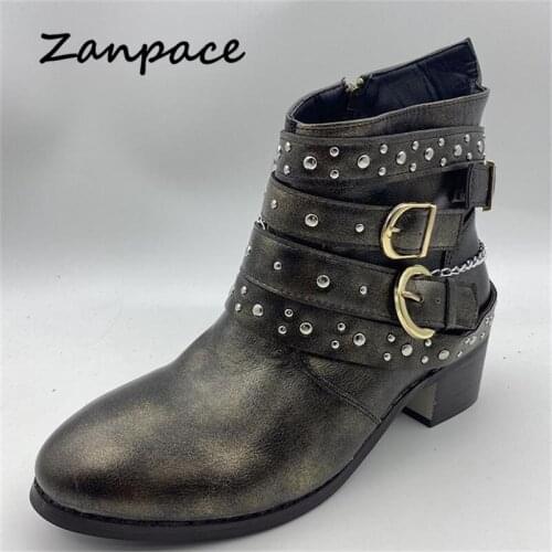 ZANPACE Autumn Large Size Women Boots 2020 Winter Buckle Rivet Womens Ankle Boots Pointed Thick High Heel Short Women Shoes