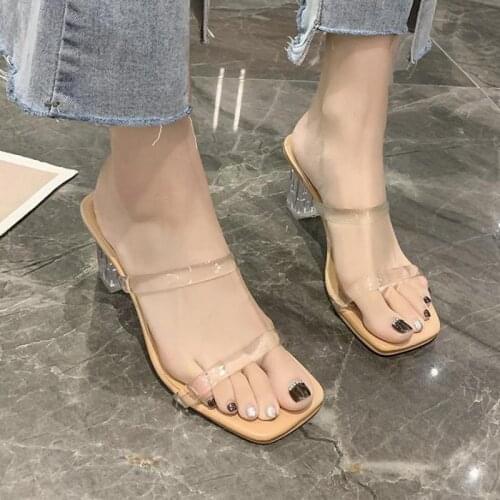 2021 Womens Slippers Shoes on Heels Slippers for Women Sandals Summer Transparent Pvc High Pumps Wedding Banquet Shoes Slides